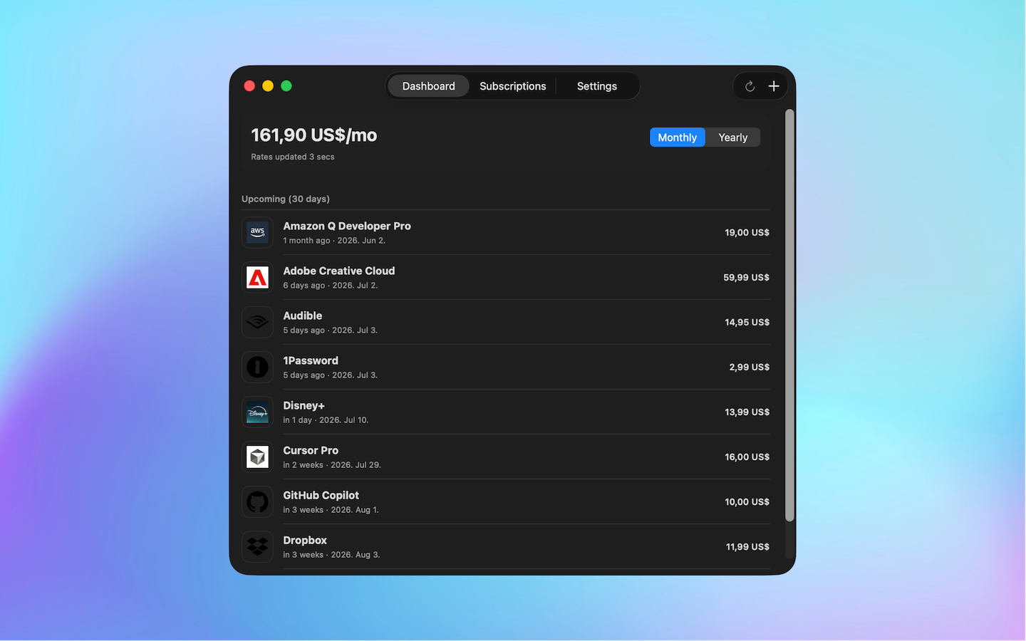 SubSub dashboard in dark mode