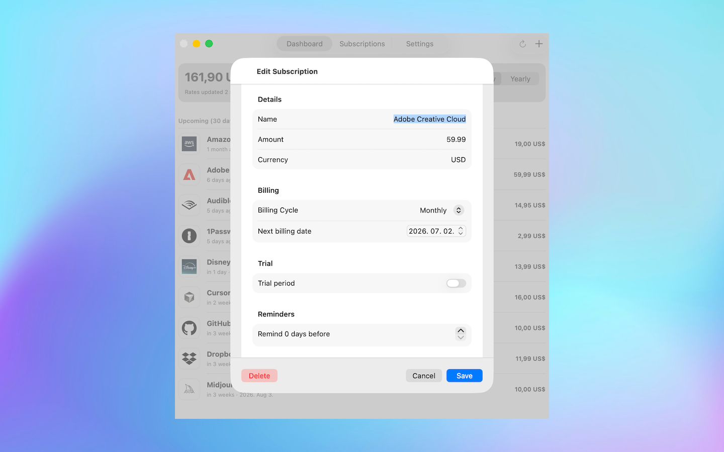 Editing a subscription in SubSub