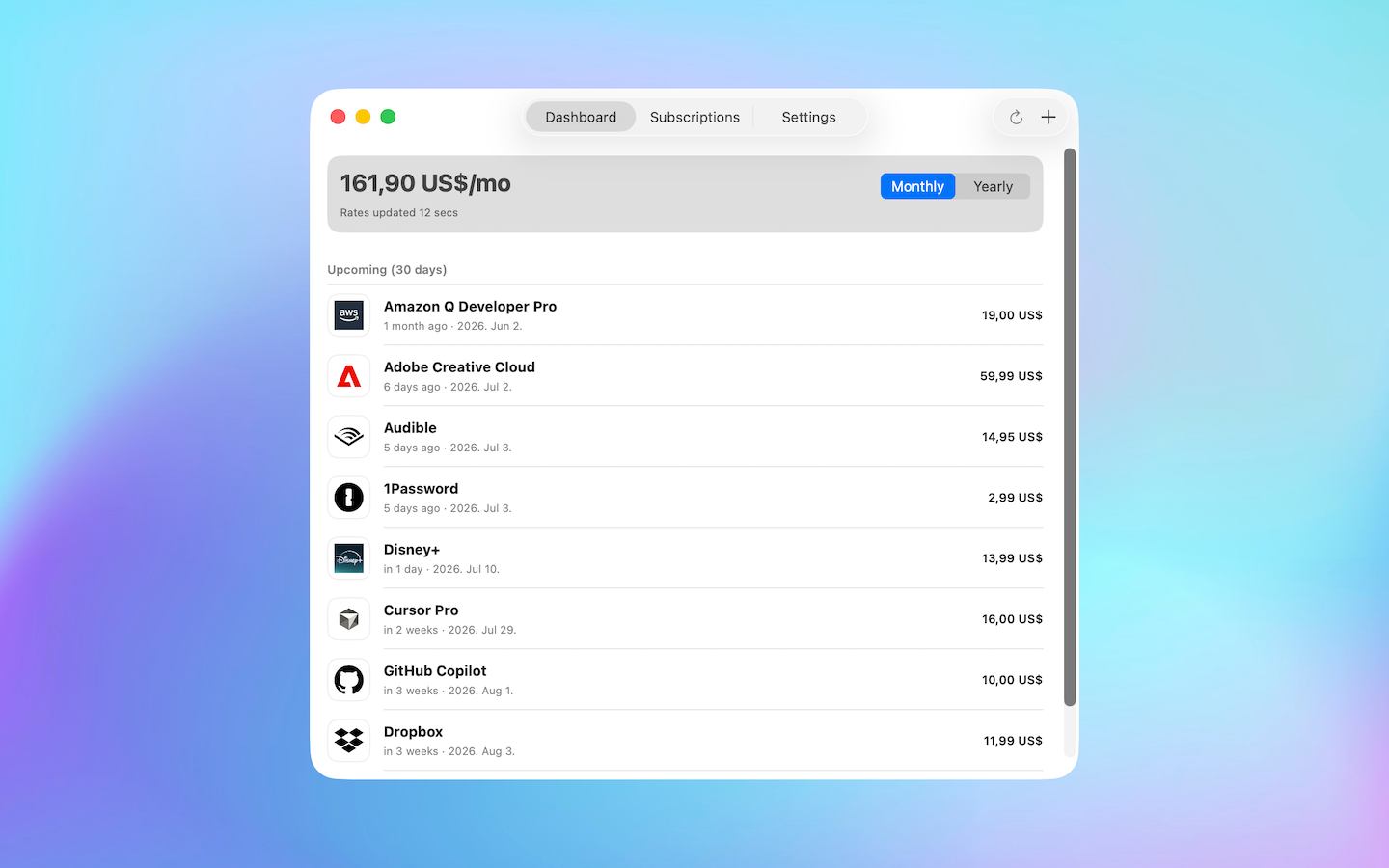 SubSub dashboard in light mode showing monthly spend and upcoming renewals